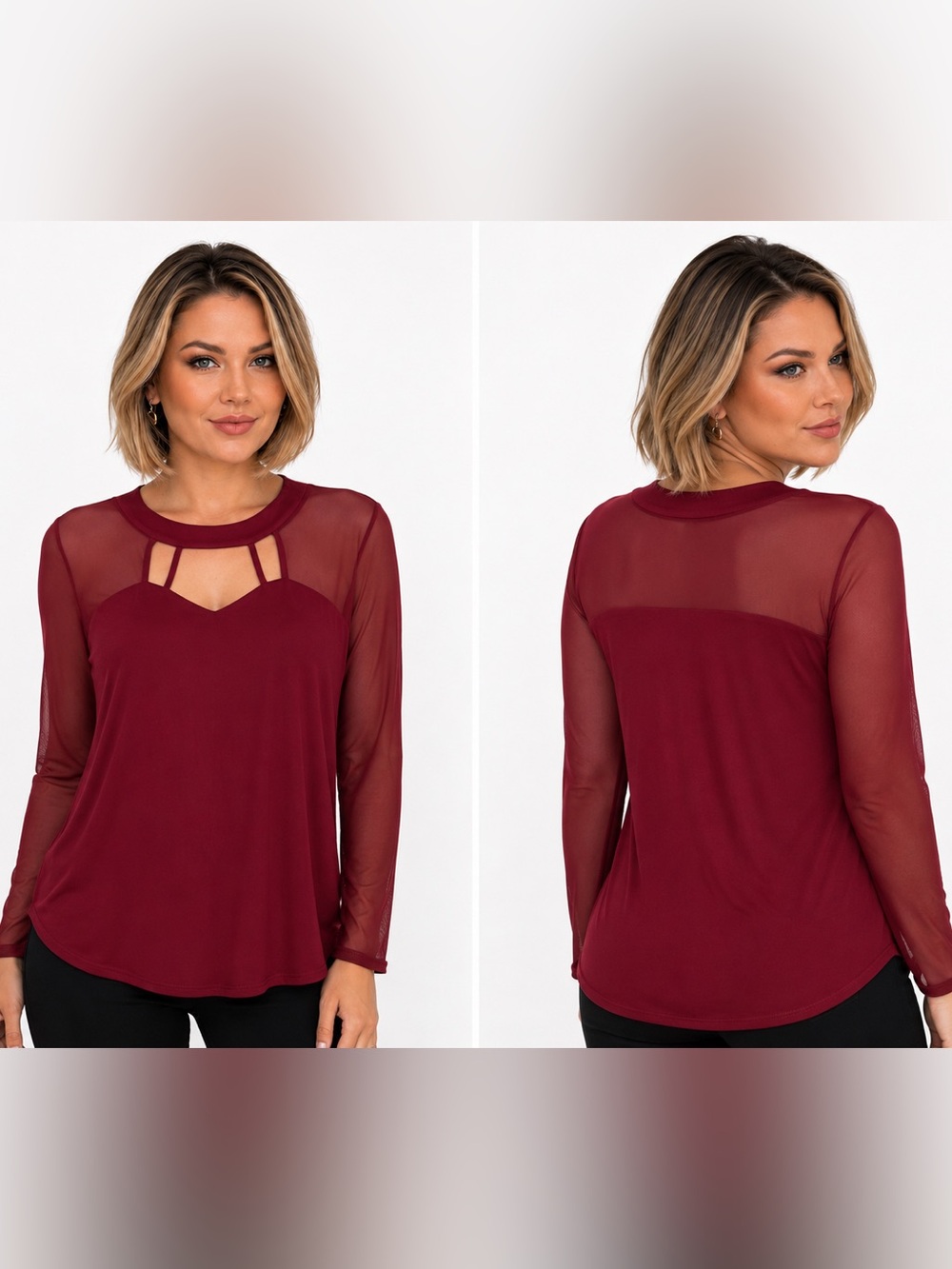 Shannon Ford New York Burgundy Mesh Sleeve Blouse Size M Elegant Dressy Top M